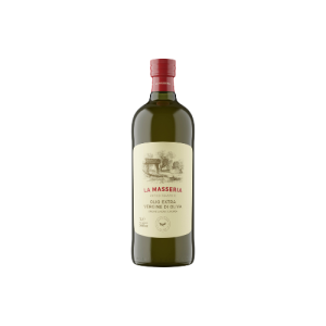 Bottiglia di olio extra vergine di oliva La Masseria con etichetta beige e tappo rosso su sfondo neutro