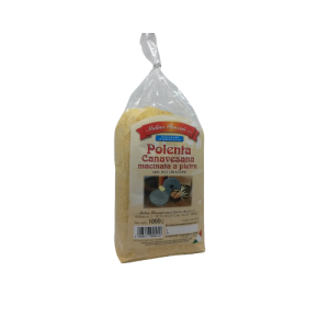 Confezione da 1kg di polenta canavesana macinata a pietra del Molino Roccati, realizzata con mais 100% italiano